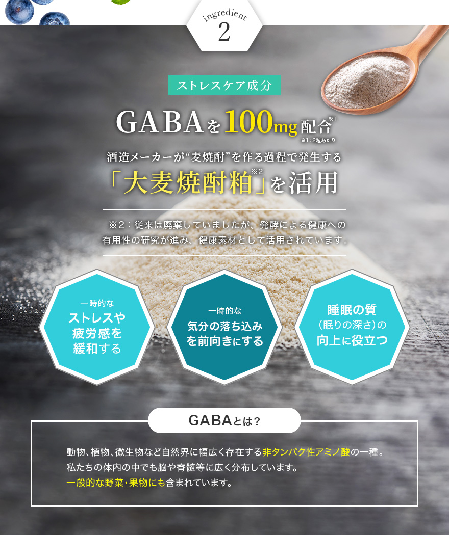 ストレスケア成分「GABA」を100mg配合！酒造メーカーが麦焼酎を作る過程で発生する 「大麦焼酎粕」を使用しています