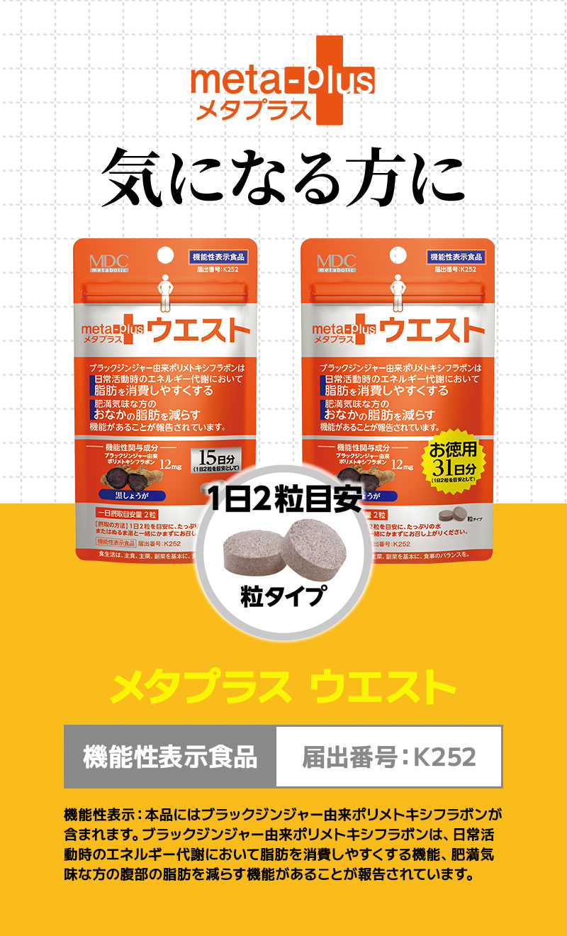 おなかの脂肪を減らす機能性表示食品「メタプラス ウエスト」